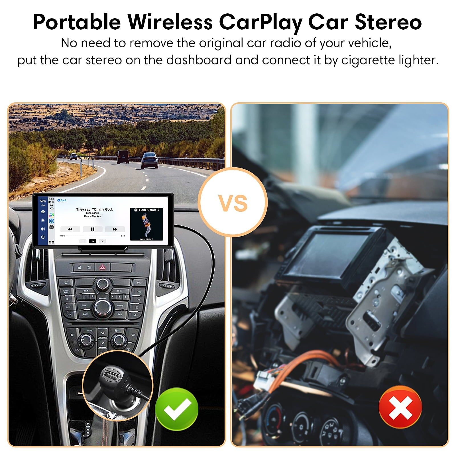 Wireless Carplay Android Auto Portable Car Stereo, 64G SD Card, 2.5K Dash Cam, Backup Camera, Bluetooth, GPS Navigation Car Radio, Bluetooth/FM Transmission, 10" Touchscreen Carplay Screen
