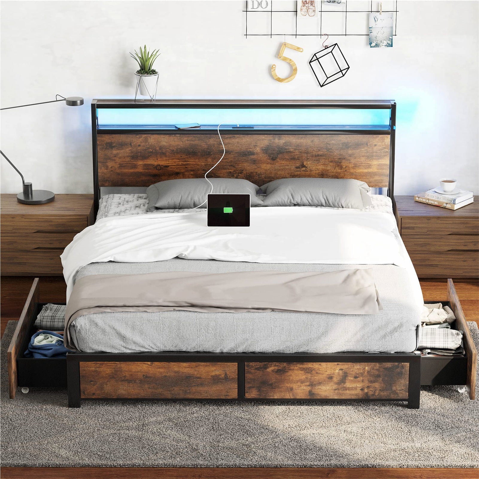 Full LED Bed Frame with Storage Headboard + 4 Drawers + Power Station, Industrial Metal Platform Bed, No Need Spring Box(Tan-Full)