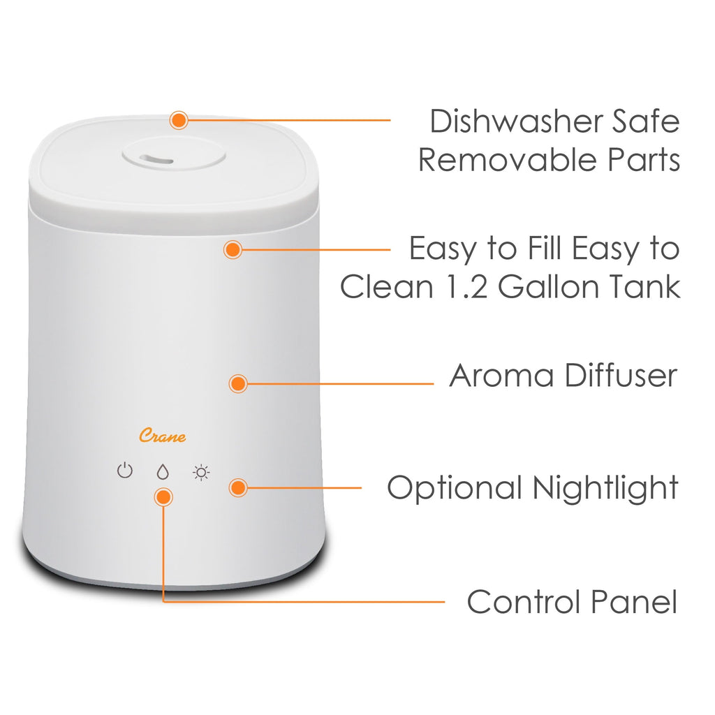 Crane USA 1.2 Gallon 2-in-1 Ultrasonic Cool Mist Top Fill Humidifier & Aroma Diffuser for medium to large rooms up to 500 sq ft