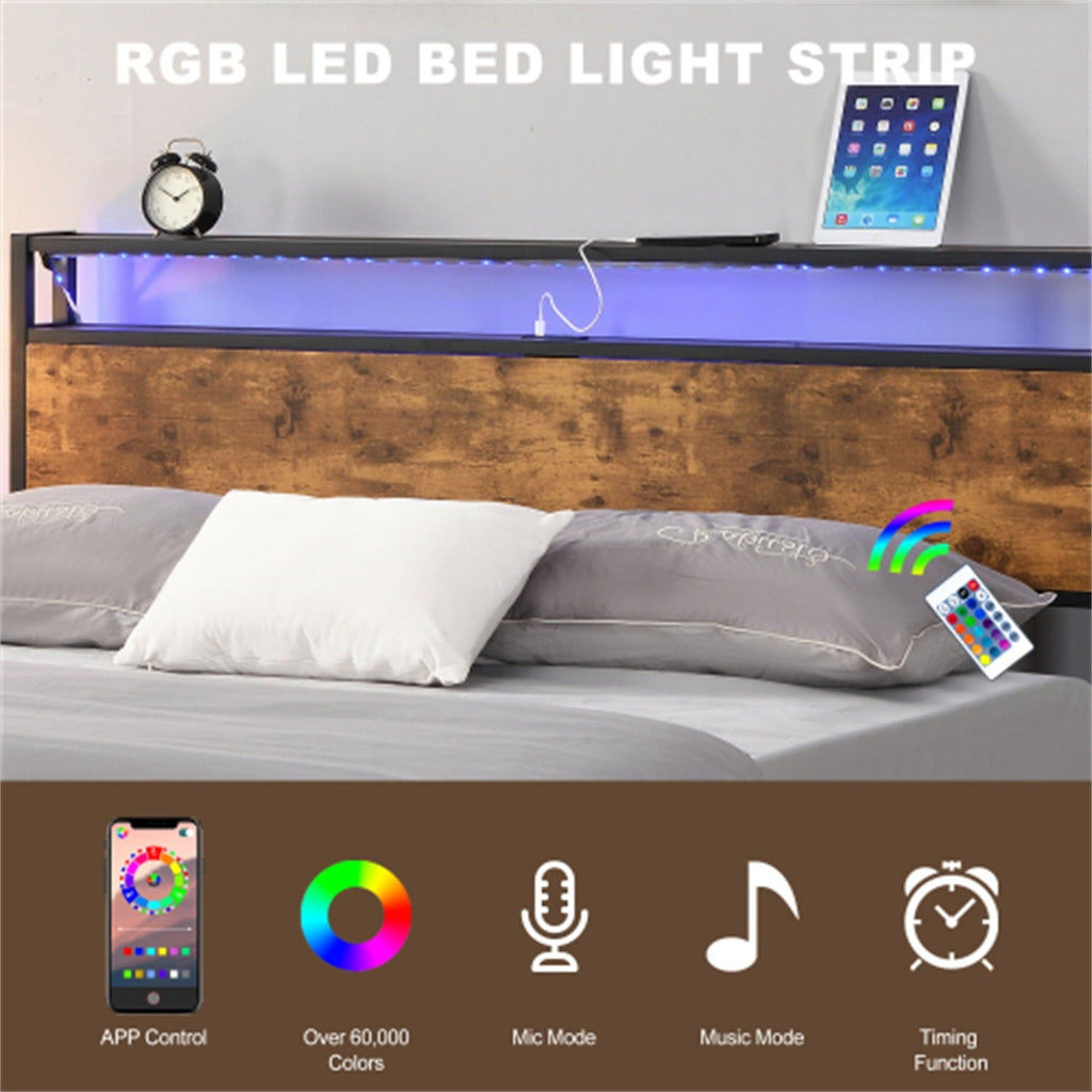 Full Size Platform Bed with LED Lights and 2 USB Ports, Industrial Full Bed Frame with Under-Bed Storage and Wooden Headboard, Noise Free, No Box Spring Needed, Rustic Brown