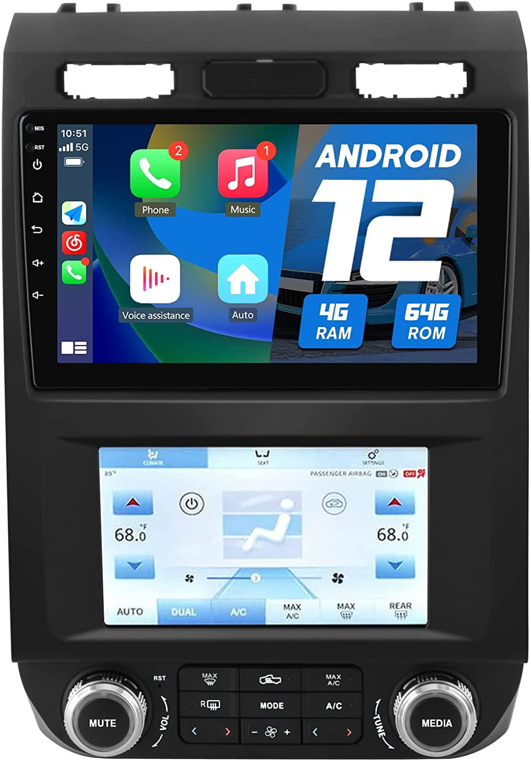 AWESAFE Dual Screen Car Radio Stereo for Ford F150 2015 2016 2017 2018 2019 2020 , Touch Screen Car Navigation with Digital AC Climate, Built in Carplay/Android Auto/4G WiFi (4G+64GB)
