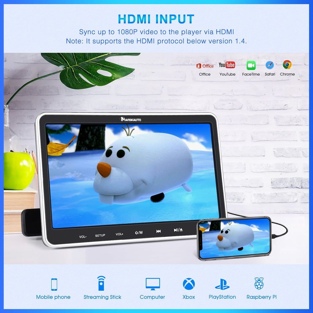 NAVISKAUTO 10.1" Portable DVD Player for Car with Headrest Mount Bracket HDMI Input Region Free Last Memory