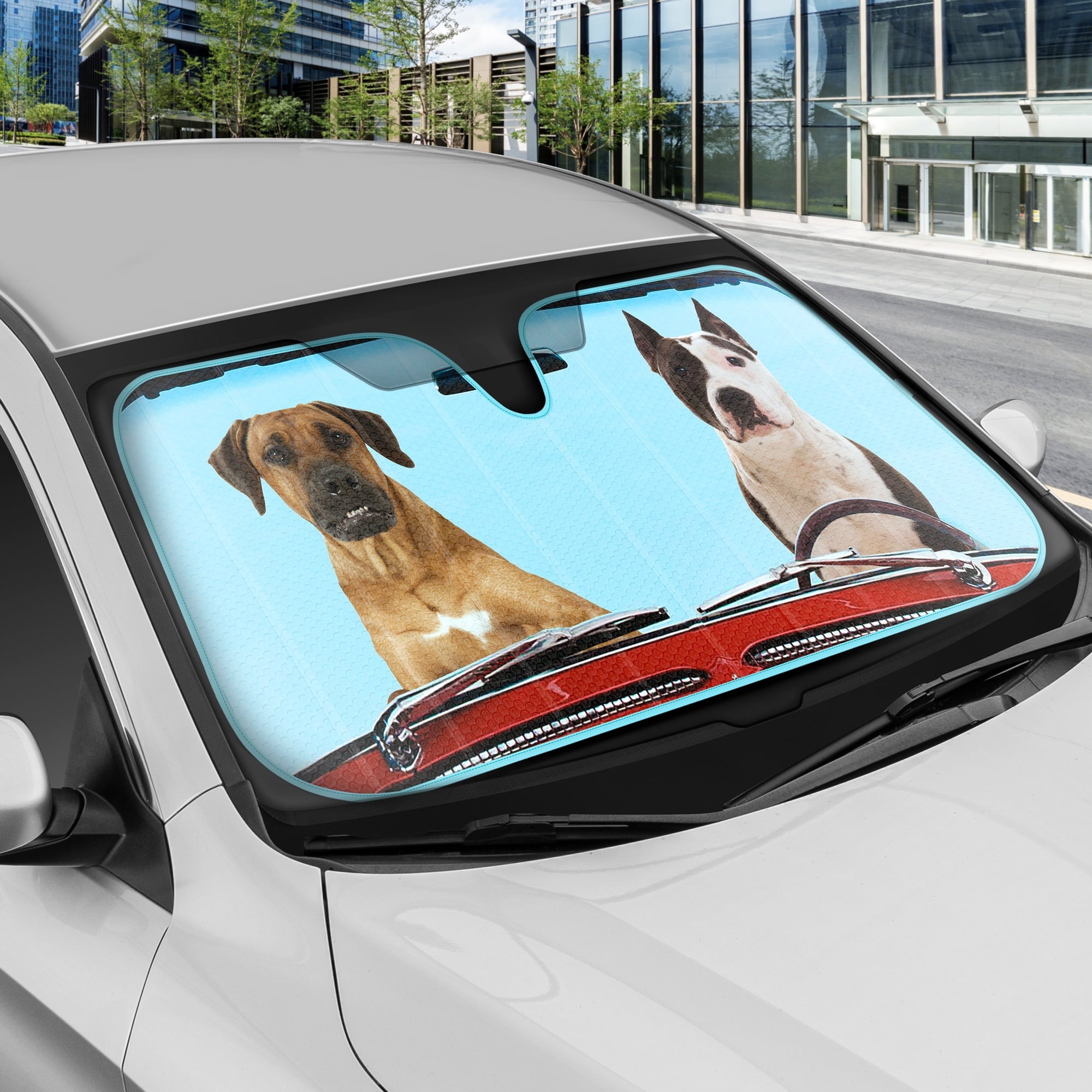 BDK Two Dogs Design Auto Auto Shade for Car SUV Truck, Pet Pals, Double Bubble Foil Jumbo Accordion