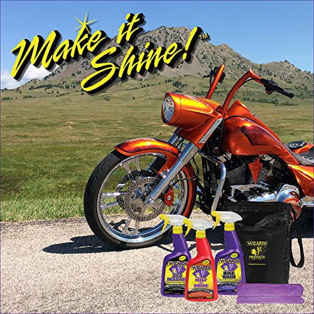 Wizards Motorcycle Cleaning Kit - Cleaner, Quick Detailer, and Bug Remover with Fiber Cloth and Detailing Bag - Stain Remover for Motorcycles - Portable Motorcycle Accessories and Cleaning Kits
