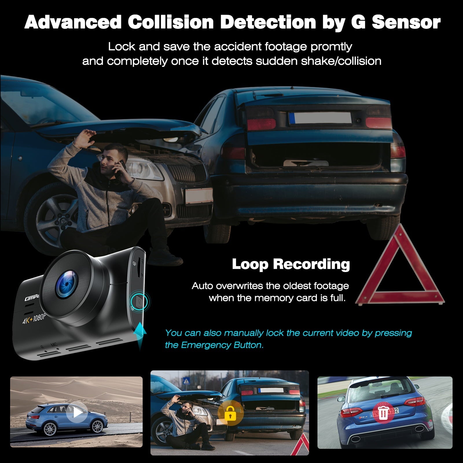 4K Dash Cam Front Rear Car Camera with Night Vision, Campark 3" IPS Screen Supercapacitor Camera for Car, with Parking Monitoring, Loop Recording, G-Sensor, Screen Saver