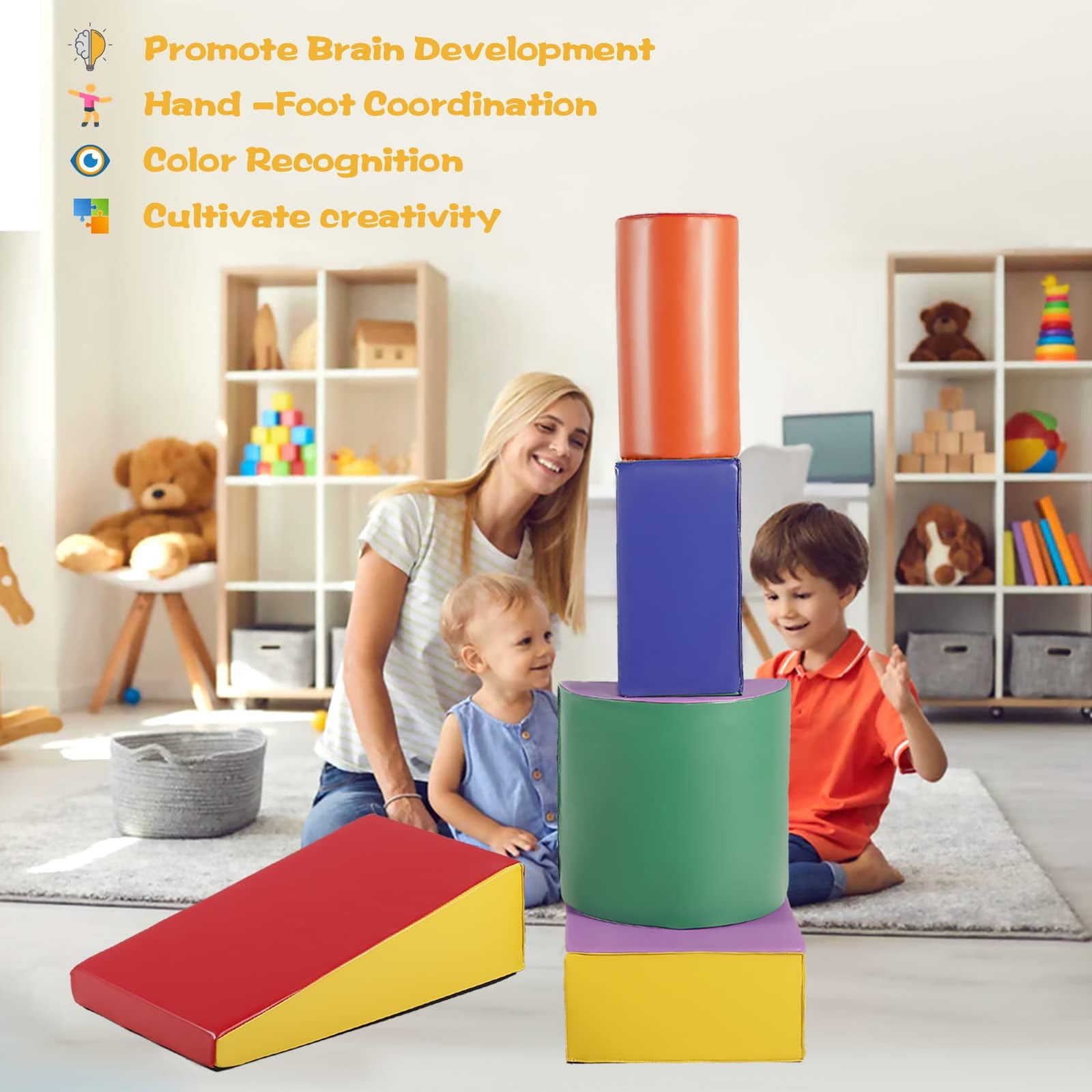 Kinder King Climb Foam Block for Toddler, 5Pcs Baby Foam Climb and Crawl Play Toy Set Indoor, Crawling and Sliding, Red & Yellow