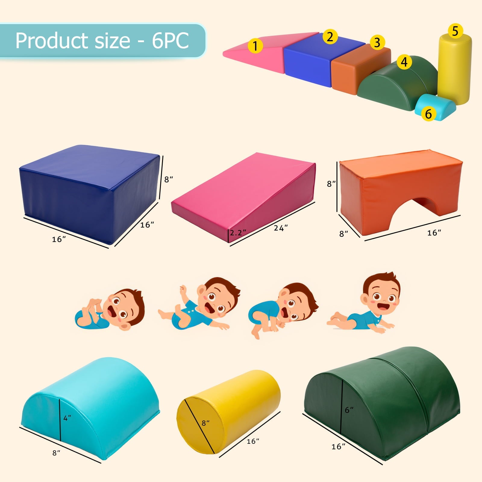 6-Piece Kids Soft Play Corner Climbers Foam Play Set Indoor Climbers for Toddler 1-3,Pink/Blue