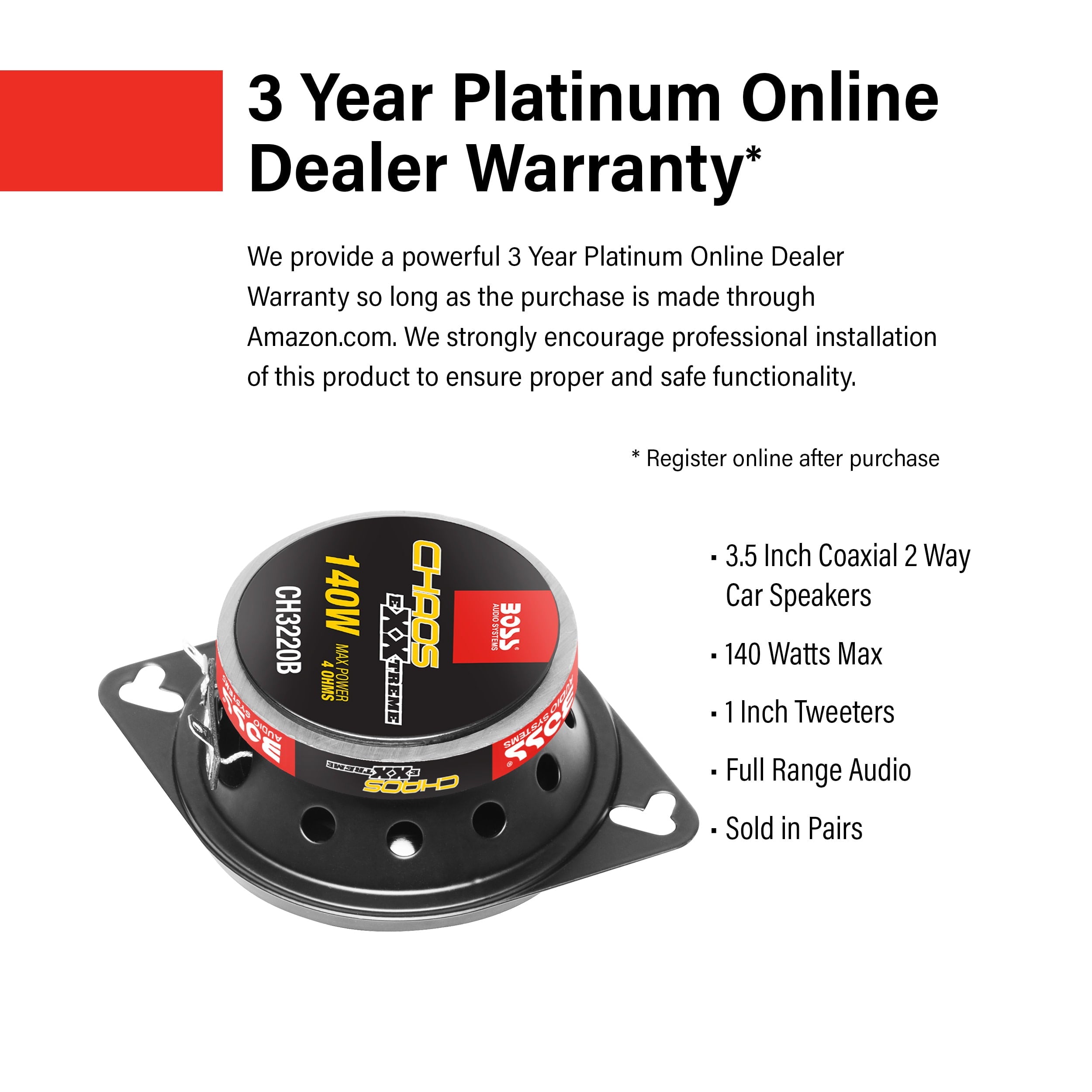 BOSS Audio Systems CH3220B Chaos Series 3.5 inch Car Stereo Door Speakers - 140 Watts Max, 2 Way, Full Range Audio, Tweeters, Coaxial, Sold in Pairs