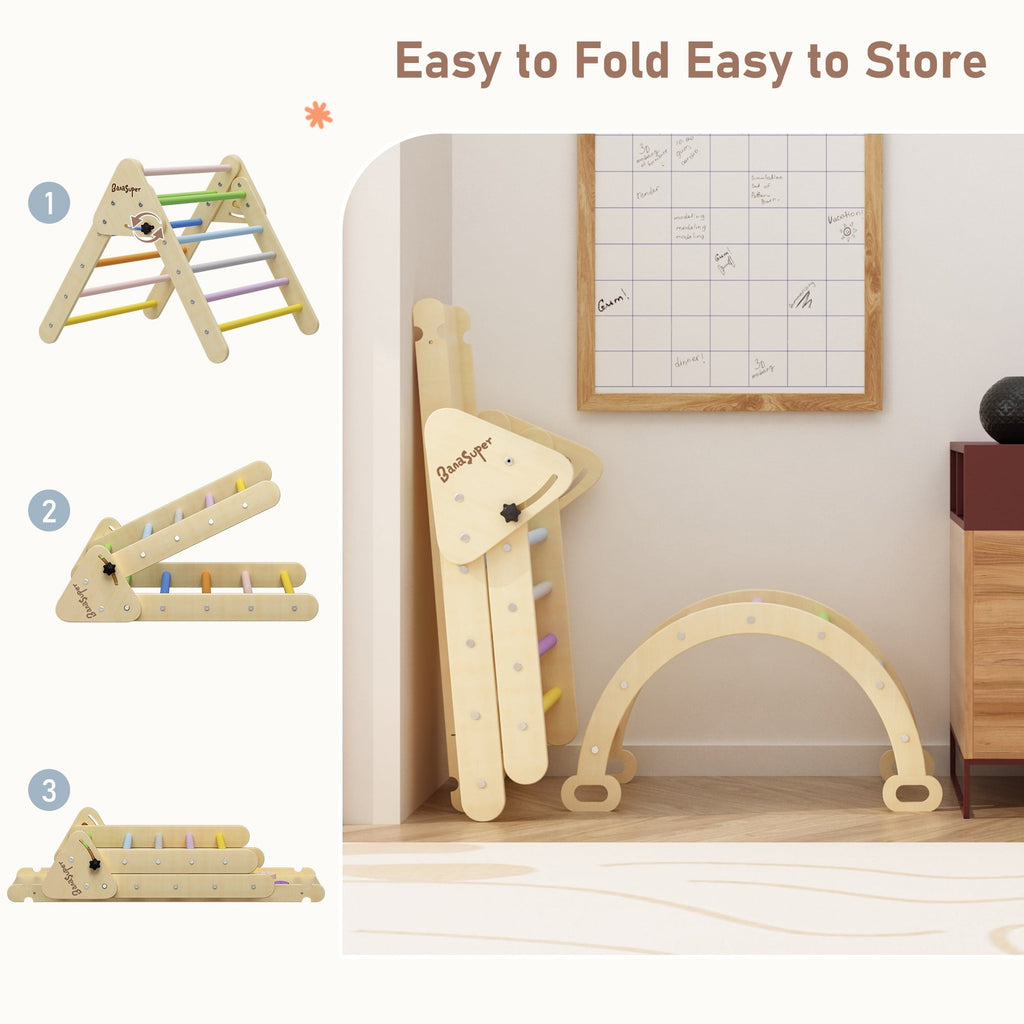 BanaSuper Large 3 in 1 Climbing Triangle Ladder with Ramp & Arch Foldable Wooden Climbing Triangle Set Montessori Climbing Toys for Baby Ourdoor Indoor Playground Play Gym Gift for Boys Girls