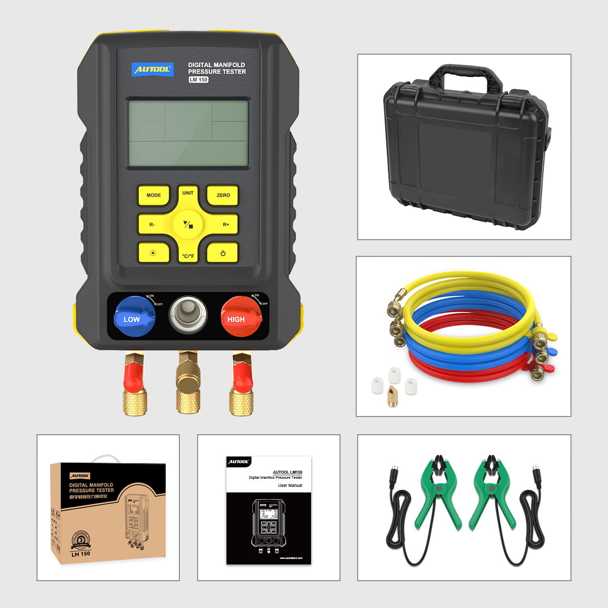 AUTOOL Air-Conditioning Refrigerator Refrigeration Digital Manifold Gauge Set, HVAC Pressure Gauge Tools, 3.5 Inch Display Vacuum Leak Detector, Support 93 Kinds Refrigerant, LM150