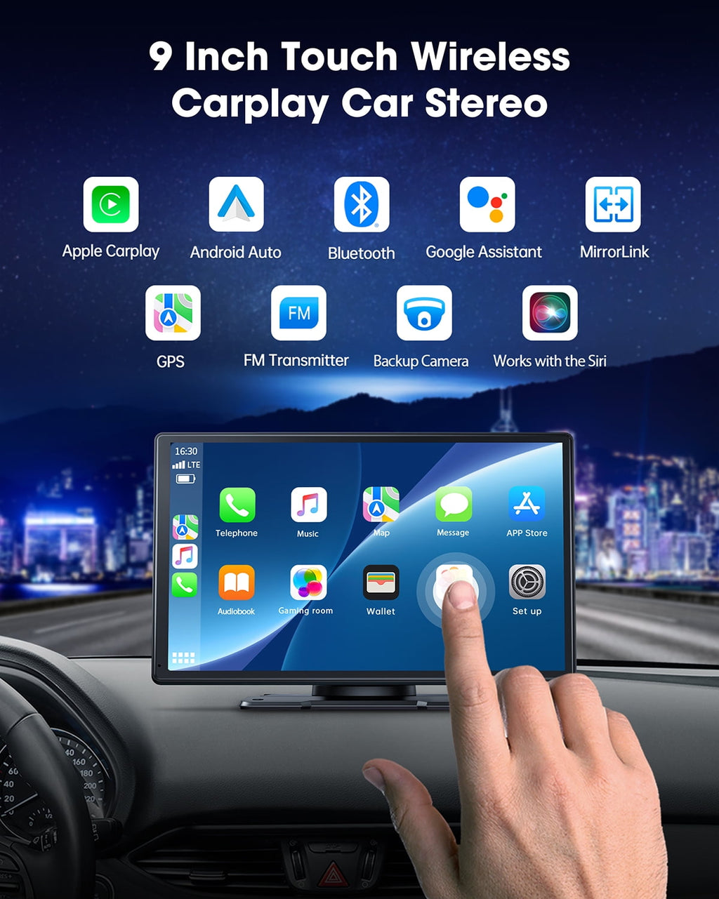 LAMTTO 9" Portable Inch Wireless Carplay Car Stereo with 2.5K Dash Cam, 1080p Backup Camera 64GB SD Card, Wireless Apple Carplay Car Radio Receive GPS Navigation , Bluetooth, Siri,AUX/FM