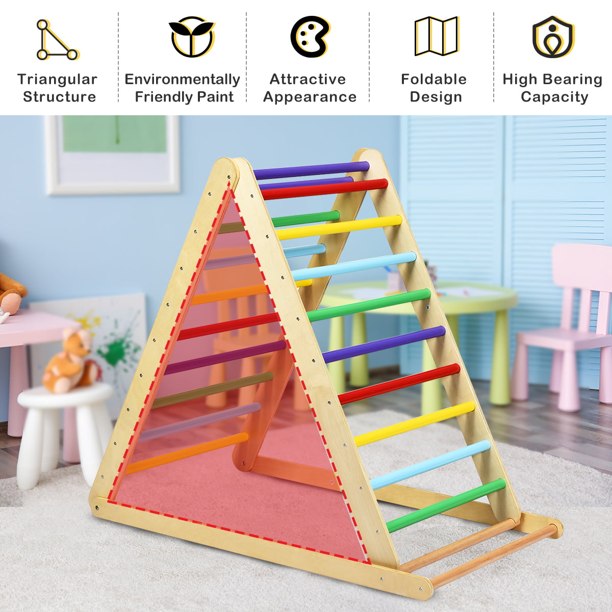 Infans Foldable Wooden Climbing Triangle Indoor Home Climber w/Ladder for Baby Toddler