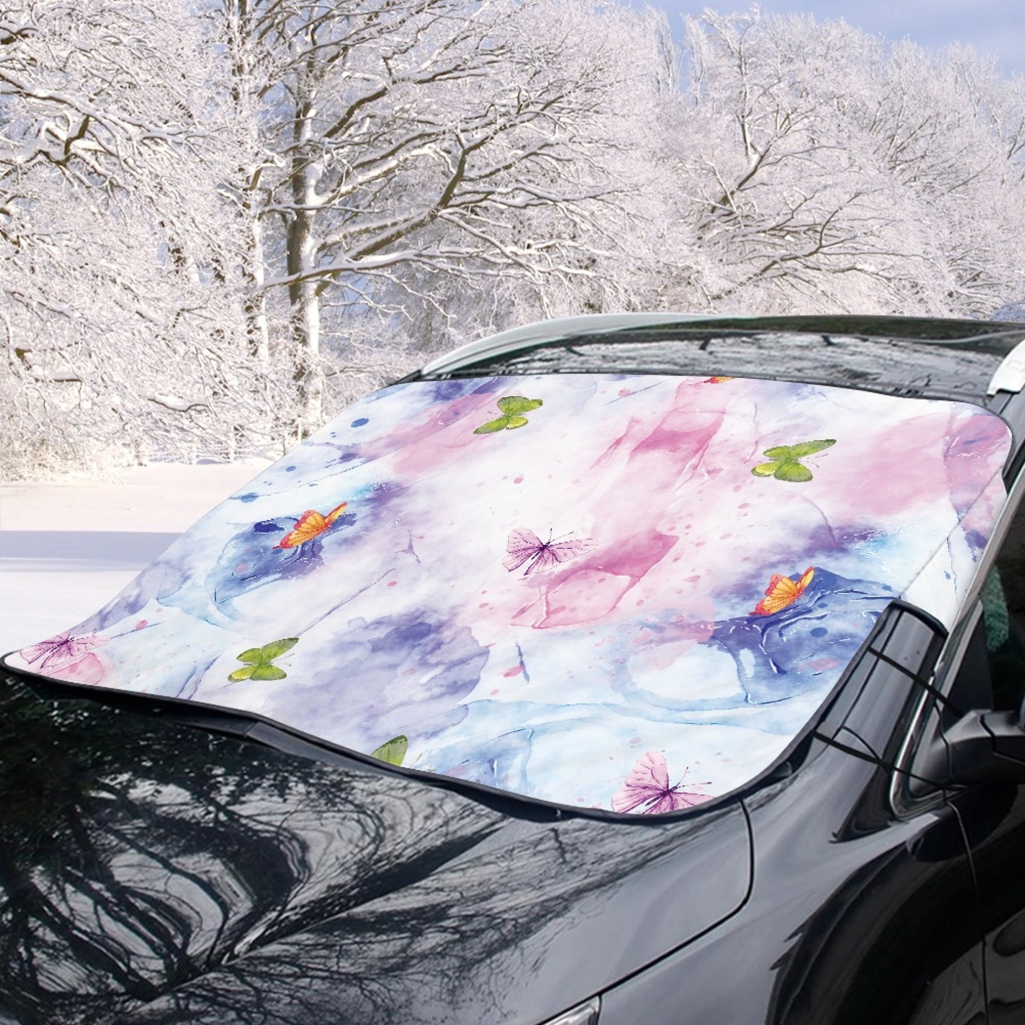 JINMUZAO Butterfly Car Windshield Snow Cover,Winter Frost Windshield Snow Ice Removal Cover/Protector,Waterproof Windproof Sunshade Snow Cover Fits Most Cars,Trucks,Vans,SUVs