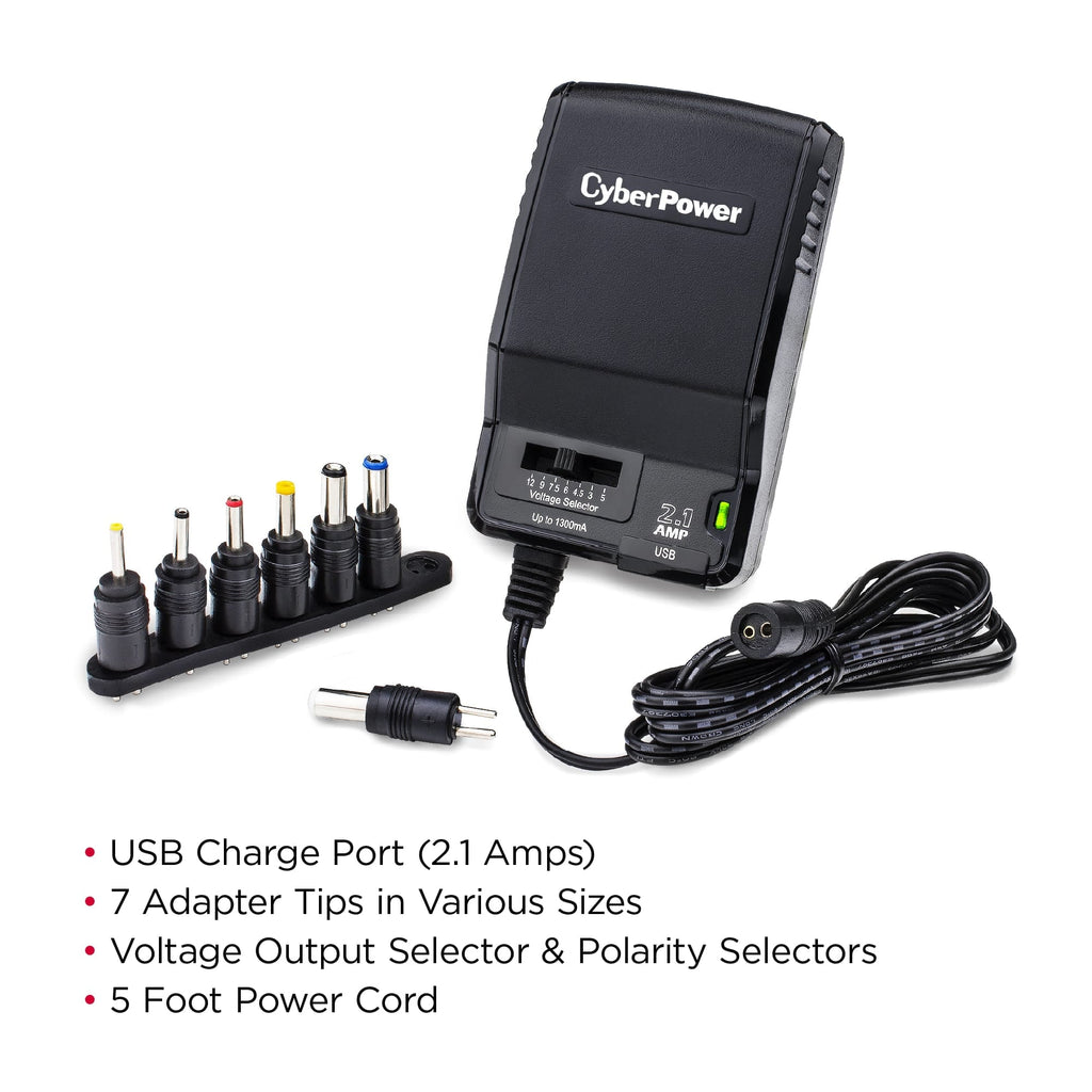 CyberPower CPUAC1U1300 Universal Power Adapter 3 -12 Volt / 1300mA with Folding AC Plug and 2.1 Amp USB Charge Port
