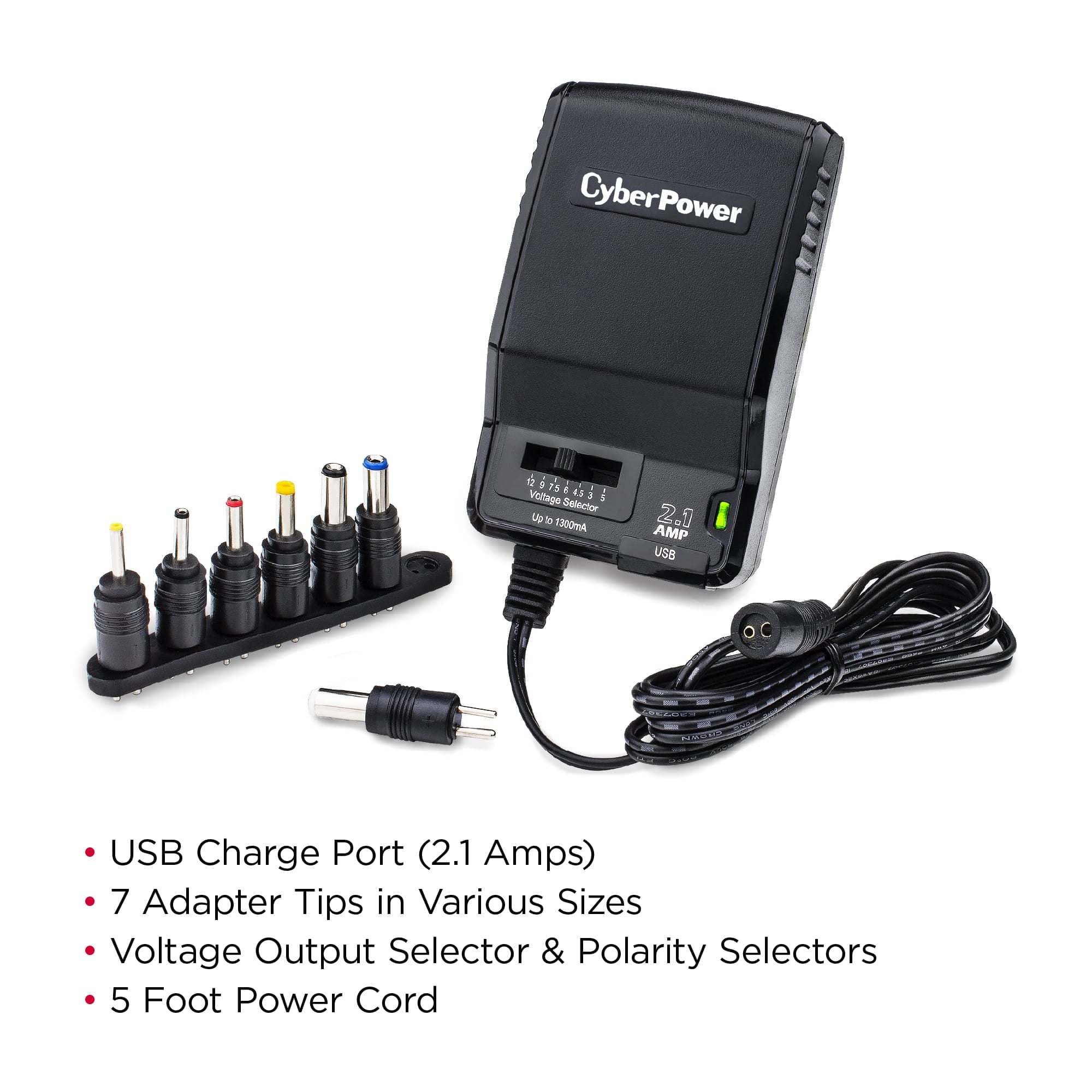CyberPower CPUAC1U1300 Universal Power Adapter 3 -12 Volt / 1300mA with Folding AC Plug and 2.1 Amp USB Charge Port