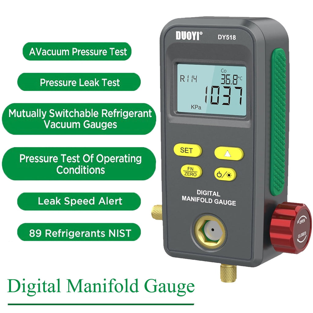 Refrigeration Digital Manifold Gauge, HVAC Vacuum Pressure Gauge, Air Conditioning Maintenance Diagnostic Tool, Freon Temperature Tester, R410a R134a Refrigerants Kit, DY518