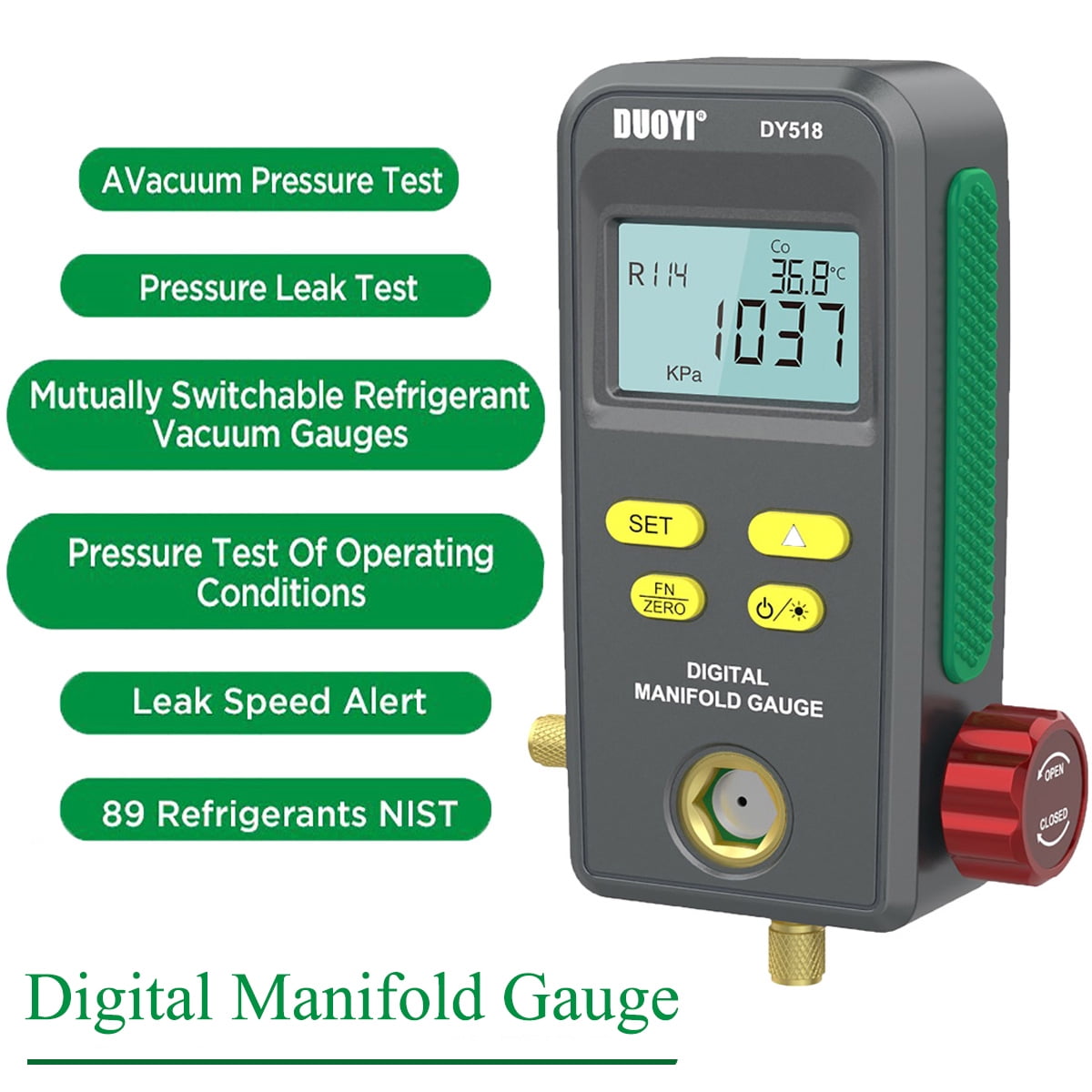 Refrigeration Digital Manifold Gauge, HVAC Vacuum Pressure Gauge, Air Conditioning Maintenance Diagnostic Tool, Freon Temperature Tester, R410a R134a Refrigerants Kit, DY518