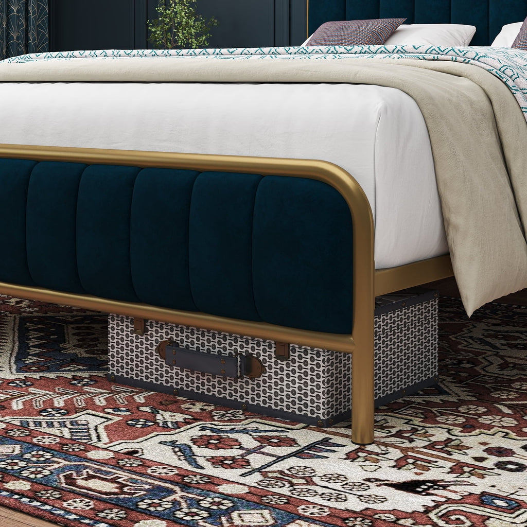 Homfa King Size Bed Frame, Round Metal Tube Heavy Duty Bed Frame with Tufted Upholstered Headboard, Gold and Blue