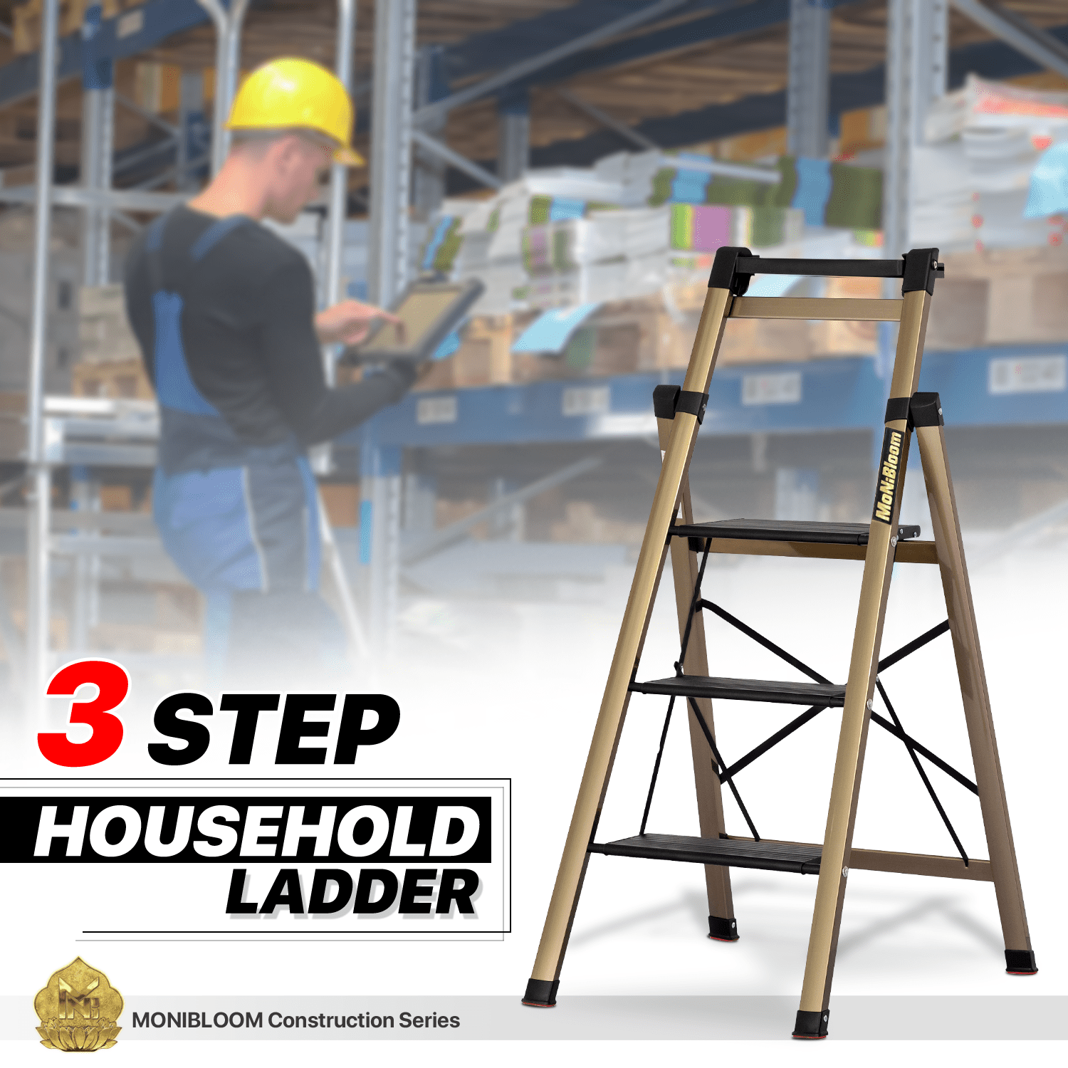 MoNiBloom Aluminum Alloy 3 Step Ladder With Tool Tray, Folding Stool with Wide Pedal for Home Improvement, Black/Gold
