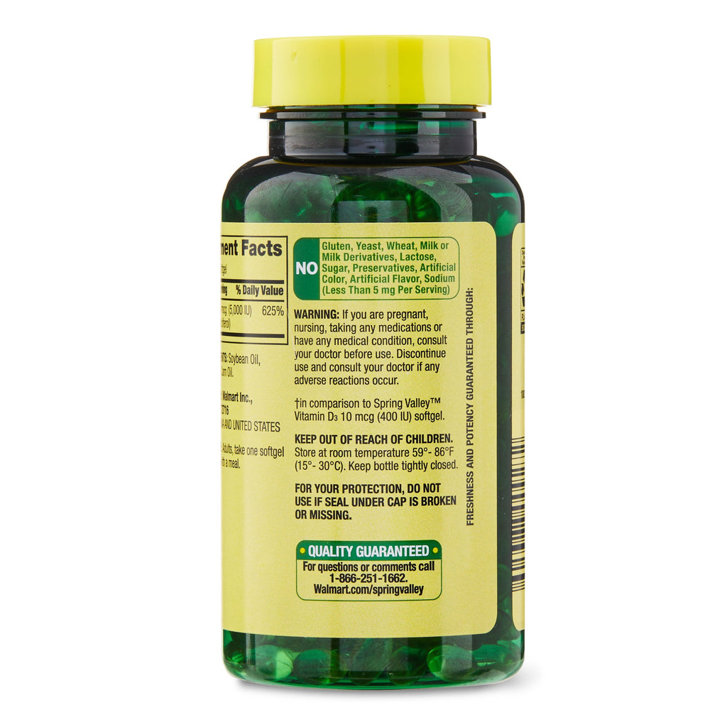 Spring Valley Vitamin D3 Softgels, 125 mcg per Softgel, 5,000 IU, 250 Count