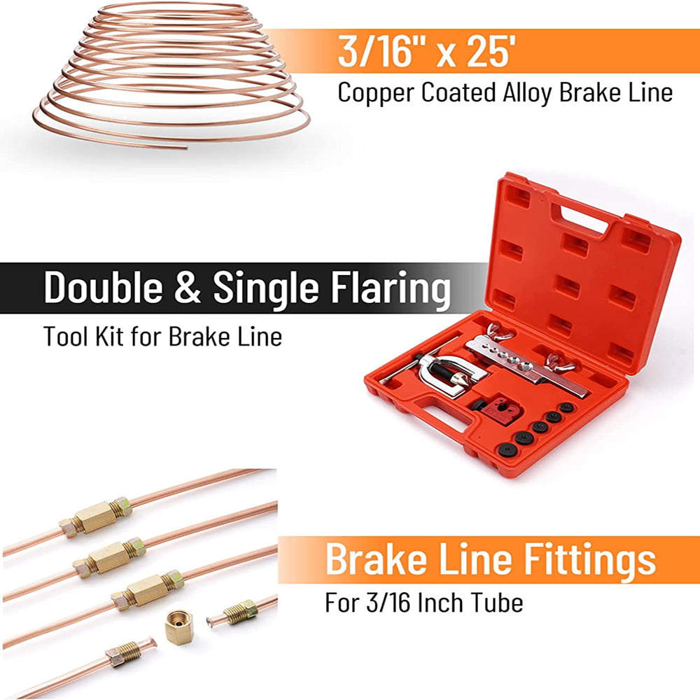 3/16 Copper Coated Car Brake Line Kit + Brake Line Double & Single Flaring Tool Kit, 25 ft