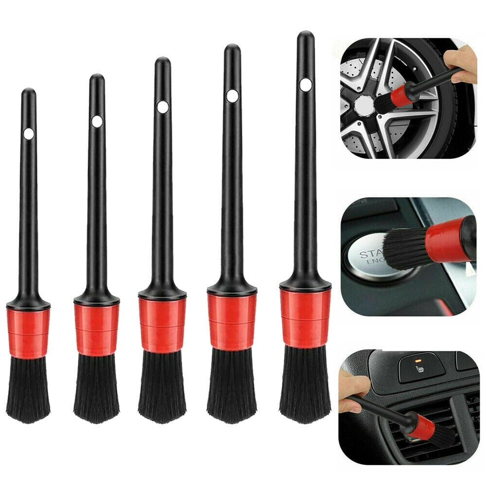 Detailing Brush Kit (Set of 5), Natural Boar Hair Mixed Fibre Beech Handle, Automotive Cleaning Brushes Wet & Dry Use Scratch Free for Interior Exterior Leather Emblem Wheel Tire Nut