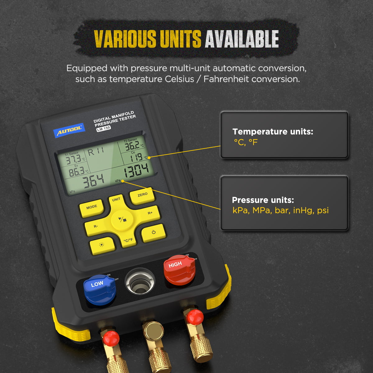 AUTOOL Air-Conditioning Refrigerator Refrigeration Digital Manifold Gauge Set, HVAC Pressure Gauge Tools, 3.5 Inch Display Vacuum Leak Detector, Support 93 Kinds Refrigerant, LM150