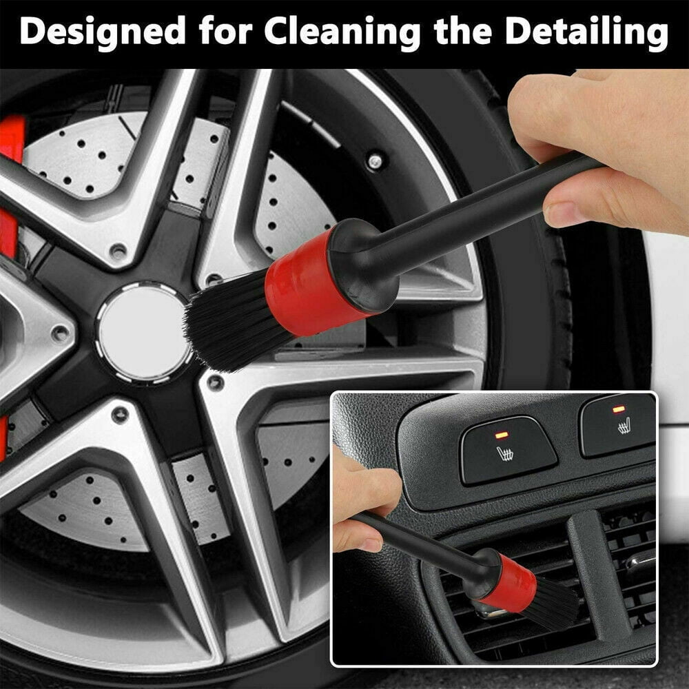 Detailing Brush Kit (Set of 5), Natural Boar Hair Mixed Fibre Beech Handle, Automotive Cleaning Brushes Wet & Dry Use Scratch Free for Interior Exterior Leather Emblem Wheel Tire Nut