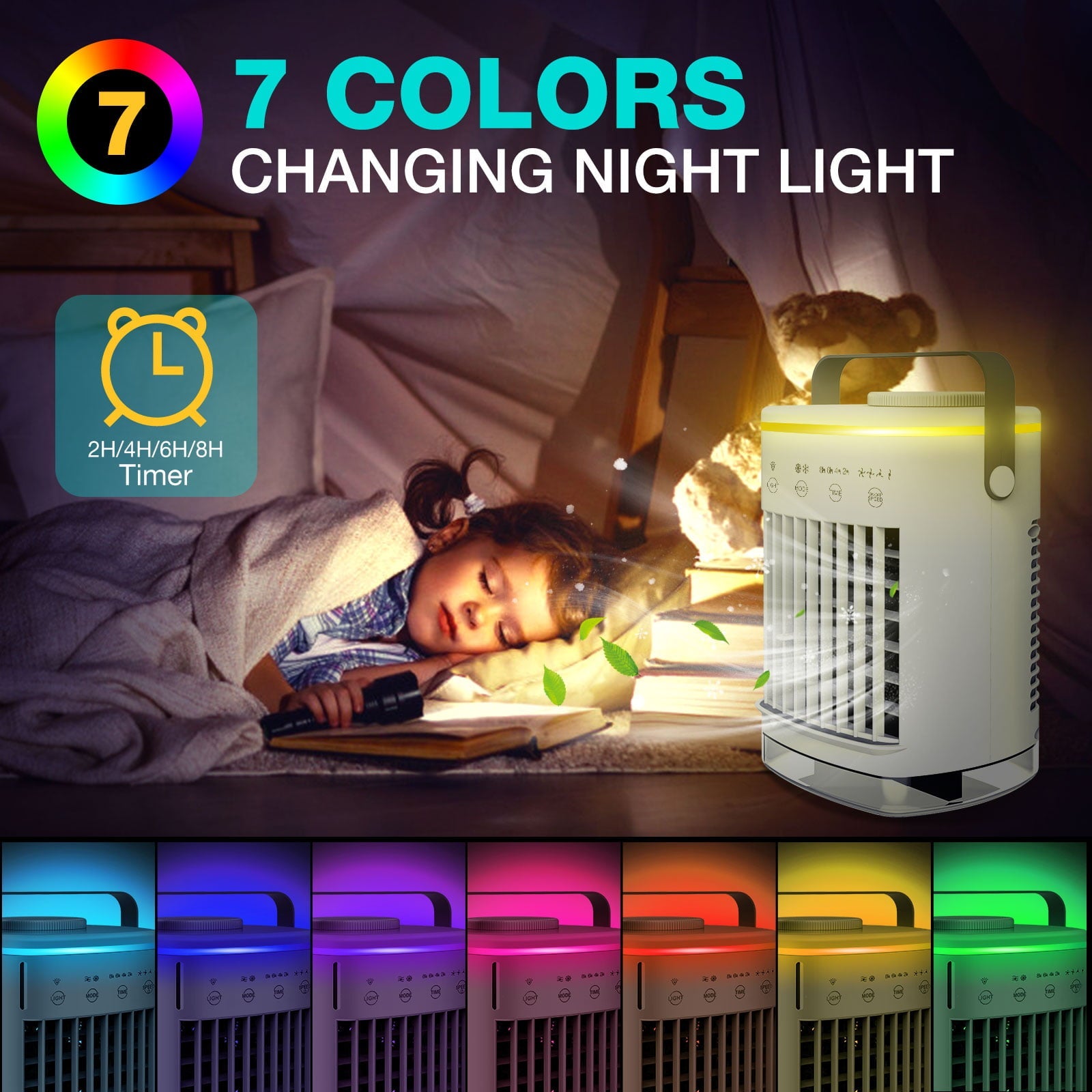 HailiCare Mini Portable Air Conditioner, 6-in-1 Evaporative Coolers with Mist Sprayer Function,Air Cooler with 4 Speeds and 7 Color LED Light for Home Bedroom Office