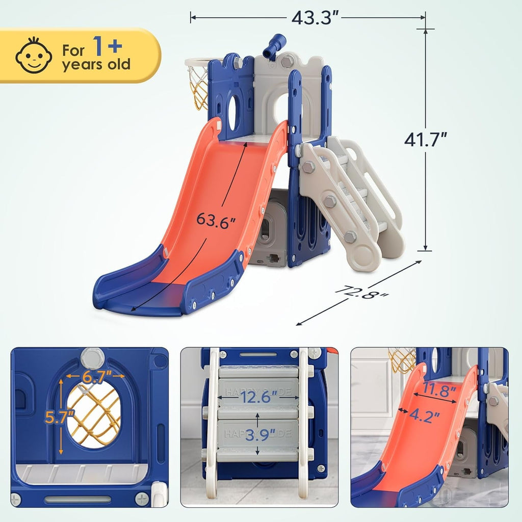 Suteck 7 in 1 Toddler Slide, L-Shaped Kids Slide for Toddlers Age 1+ with Basketball Hoop and Ball, Ring Toss, Storage Space