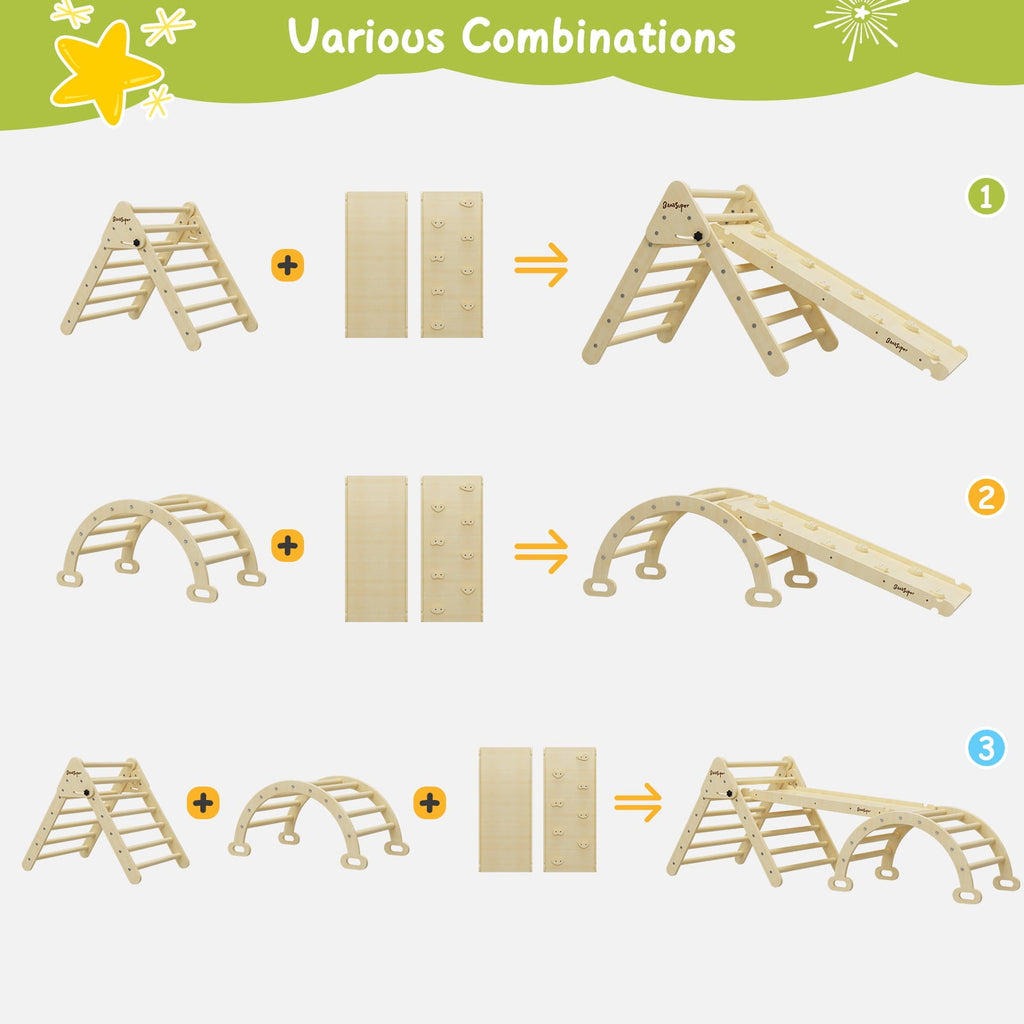 BanaSuper Large 3 in 1 Climbing Triangle Ladder with Ramp & Arch Foldable Wooden Climbing Triangle Set Montessori Climbing Toys for Baby Ourdoor Indoor Playground Play Gym Gift for Boys Girls