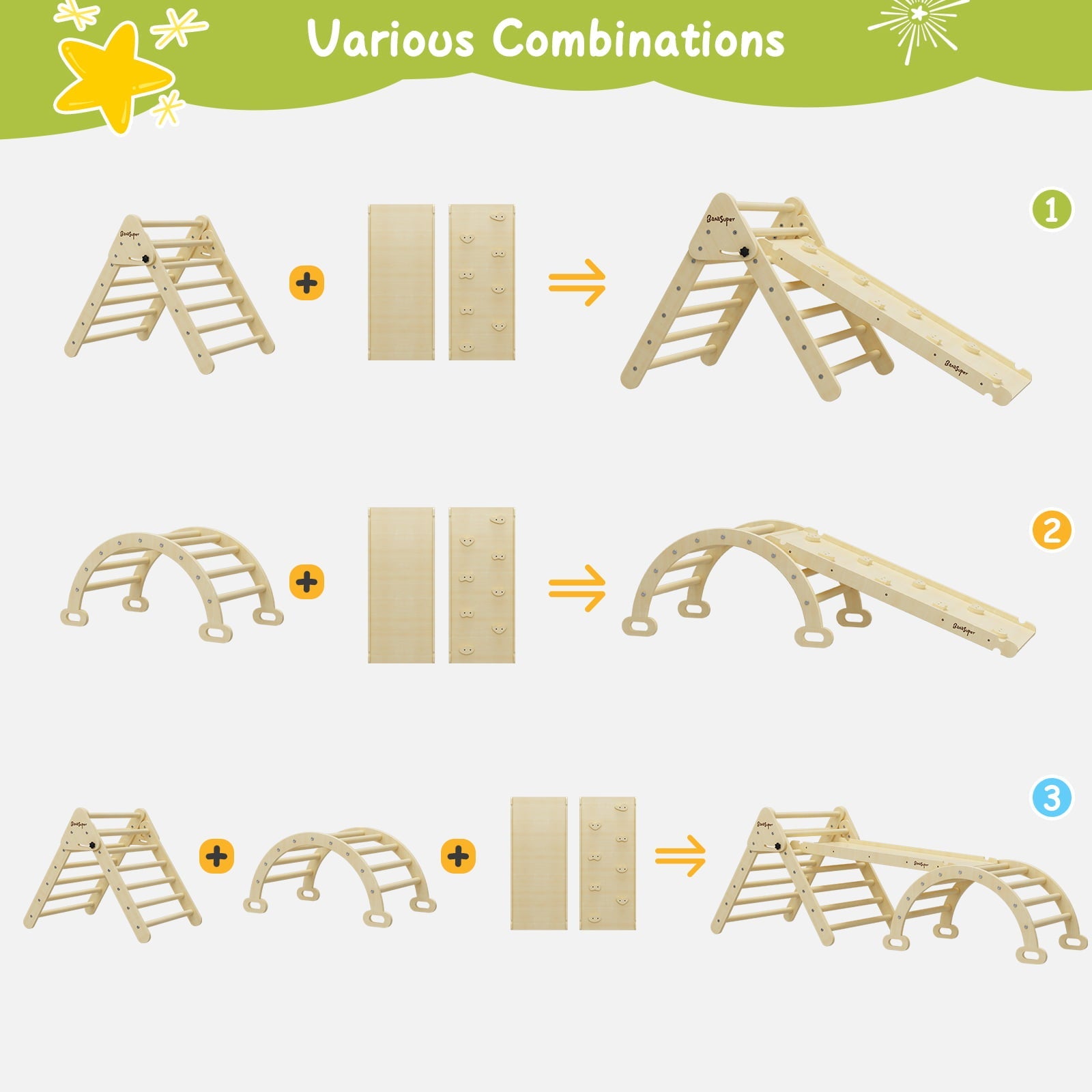 BanaSuper Large 3 in 1 Climbing Triangle Ladder with Ramp & Arch Foldable Wooden Climbing Triangle Set Montessori Climbing Toys for Baby Ourdoor Indoor Playground Play Gym Gift for Boys Girls