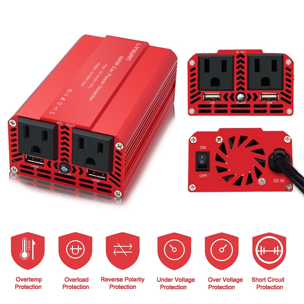 LVYUAN 500 Watts Power Inverter Converter DC 12V to AC 110V Car Inverter 2USB Car Adapter