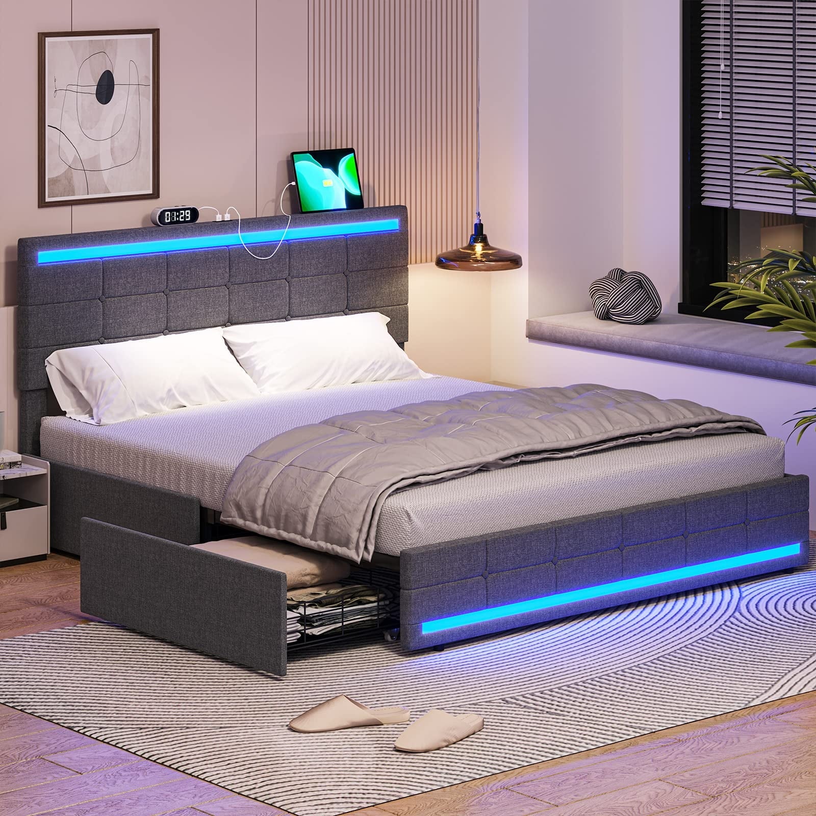 Full Size Bed Frame with 4 Storage Drawers, Platform Bed Frame with 2 USB Ports, Upholstered Bed with LED Headboard Footboard, Square Stitched Button Tufted Design, Dark Grey