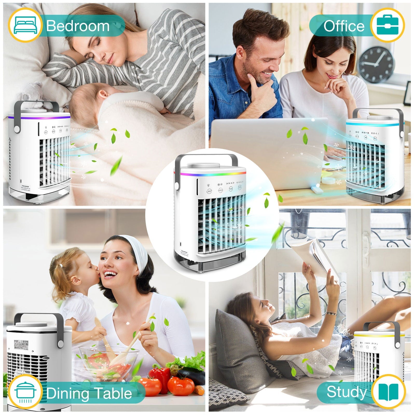 HailiCare Mini Portable Air Conditioner, 6-in-1 Evaporative Coolers with Mist Sprayer Function,Air Cooler with 4 Speeds and 7 Color LED Light for Home Bedroom Office