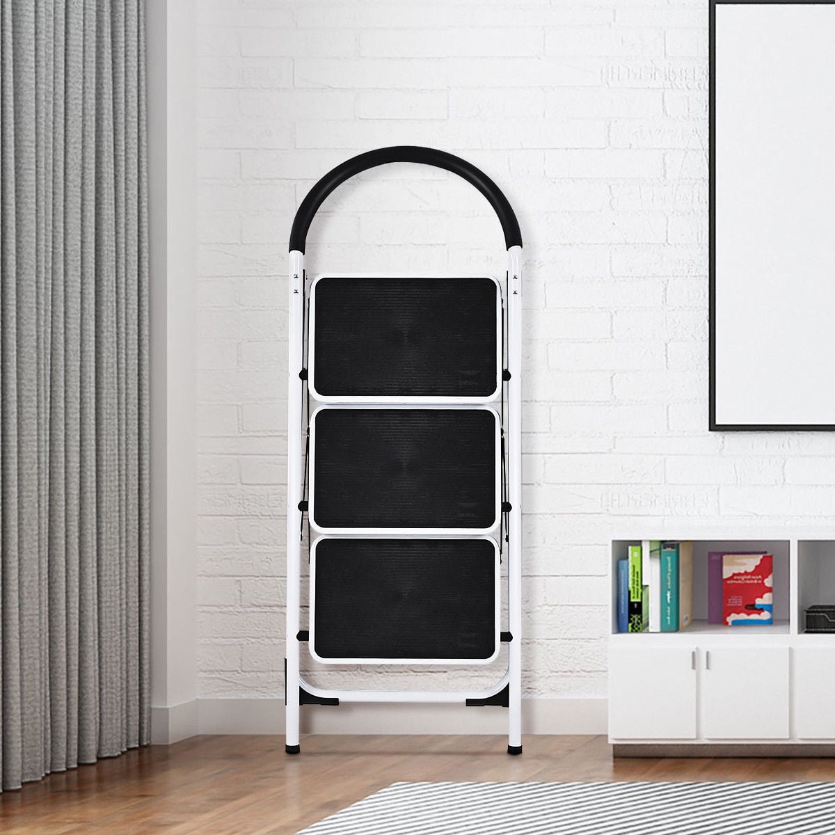 SUGIFT 3-Step Portable Folding Steel Ladder with Wide Platform Steps, 330lbs Capacity, White