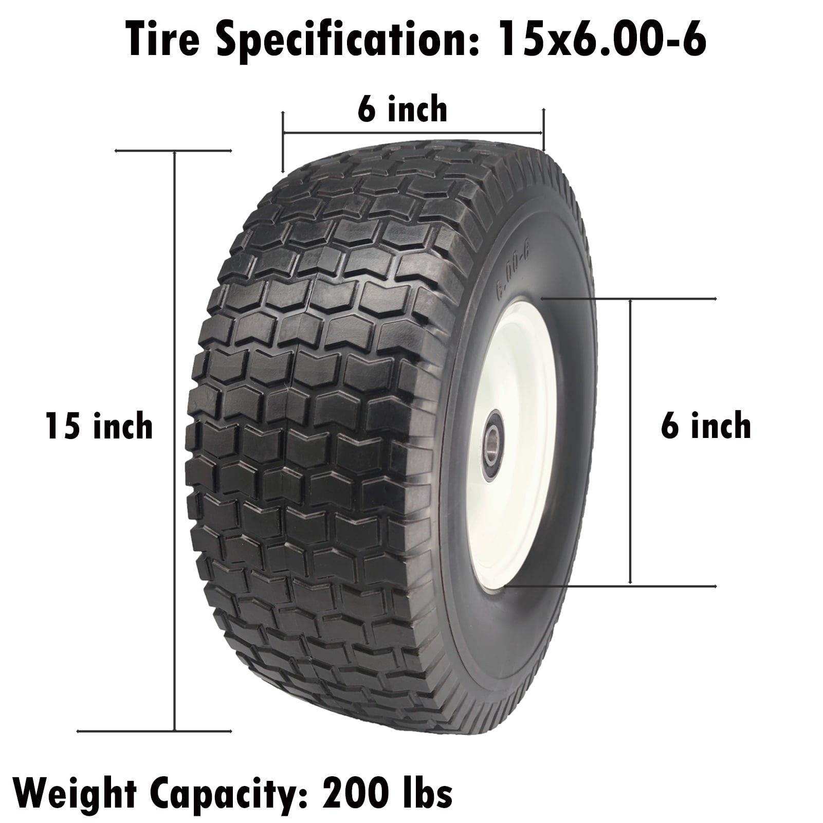 Flat Free Lawn Mower Tires 15x6.00-6 with 3/4 & 5/8 Bearings, 3" Center Hub