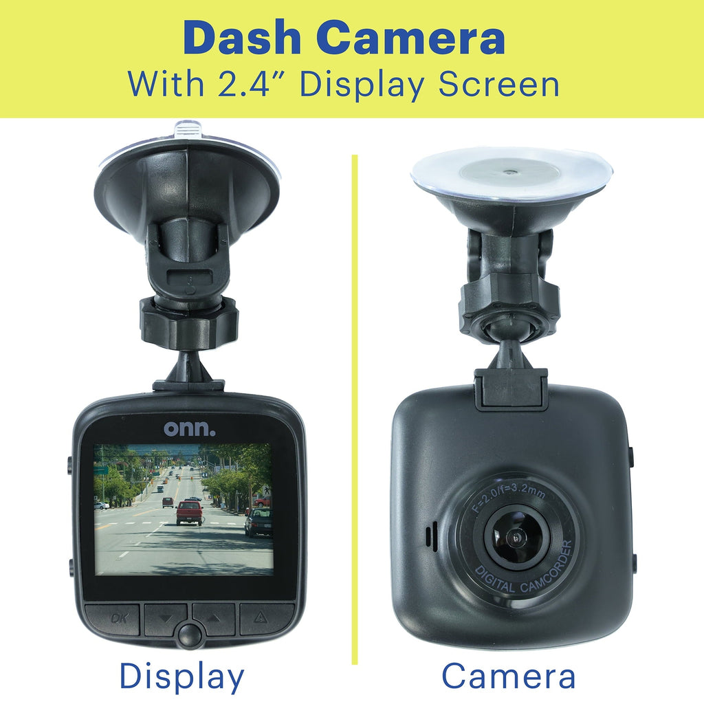 onn. 1080p HD Black Car Dash Cam, 2.4" LCD Screen, 110 Degree Vision Angle, Play Video Recordings, 0.5 lb.