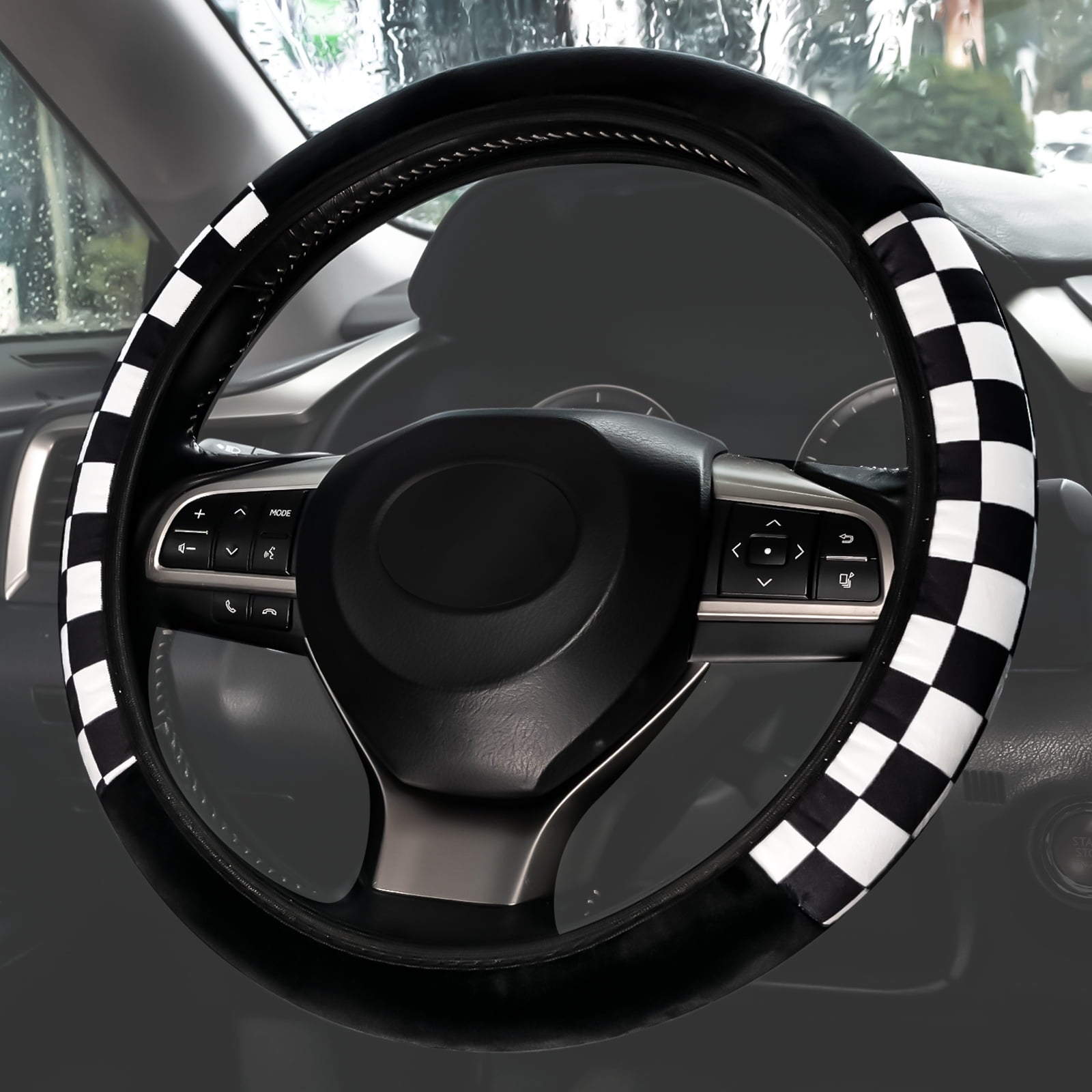 Checkered Plaid Soft Warm Fuzzy Auto Steering Wheel Cover Plush Universal Winter White-Black Fit for Truck, SUV, Cars