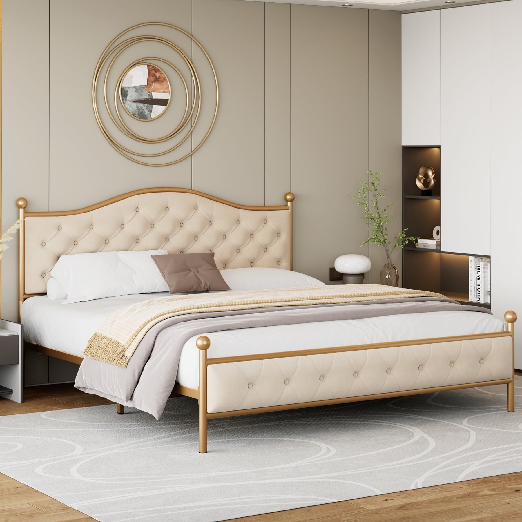 Homfa King Size Bed Frame, Metal Tubular Platform Bed with Button Tufted Upholstered Headboard, No Box Spring Needed, Beige