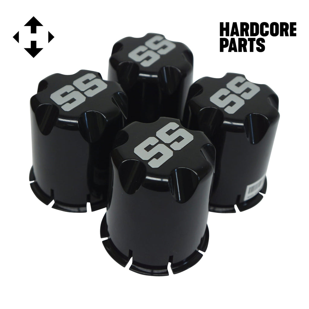 Hardcore Parts 10" Black 'BULLDOG' Golf Cart Wheels and 18"x9"-10" DOT rated All-Terrain tires - Set of 4, includes Black 'SS' center caps and 1/2x20 Black lug nuts