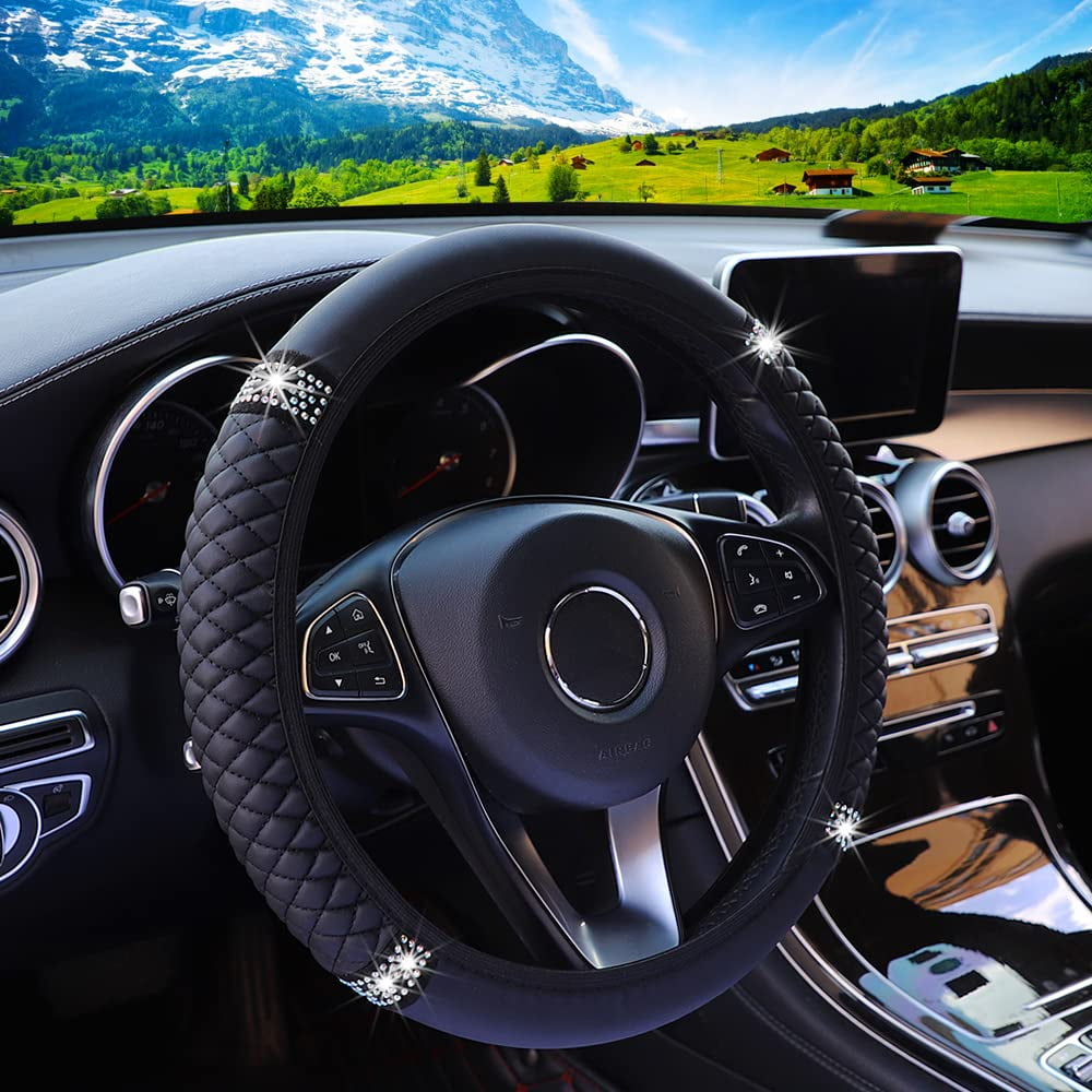 Steering Wheel Cover, Universal Bling  15 Inch Car Accessory with Rhinestones for Women, Anti-Slip Soft Leather Black Protector for Sedans, SUVs, Vans, Trucks