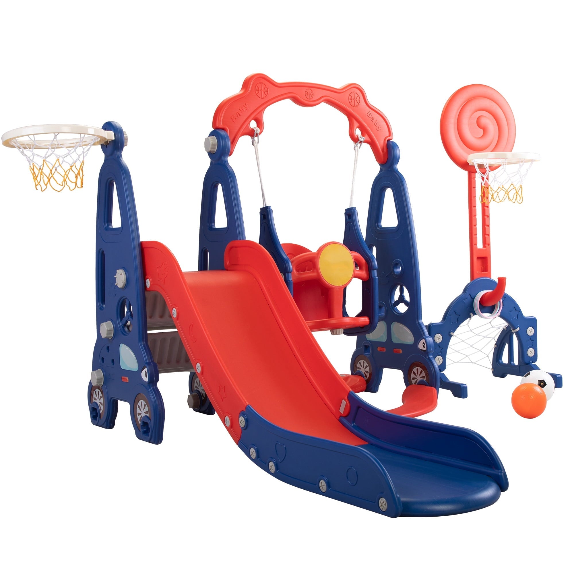 Kids-gift! 5 in 1 Slide and Swing Playing Set, Toddler Extra-Long Slide with 2 Basketball Hoops, Football, Ringtoss, Indoor Outdoor