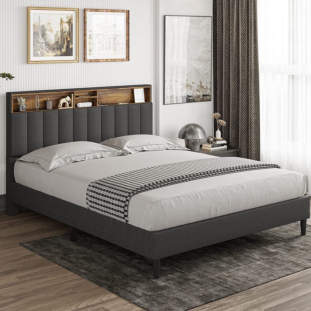 ADORNEVE Queen Size Platform Bed Frame, Modern Fabric Upholstered Bed with Power Strip and Storage Headboard Height Adjustable, No Box Spring Needed, Dark Gray