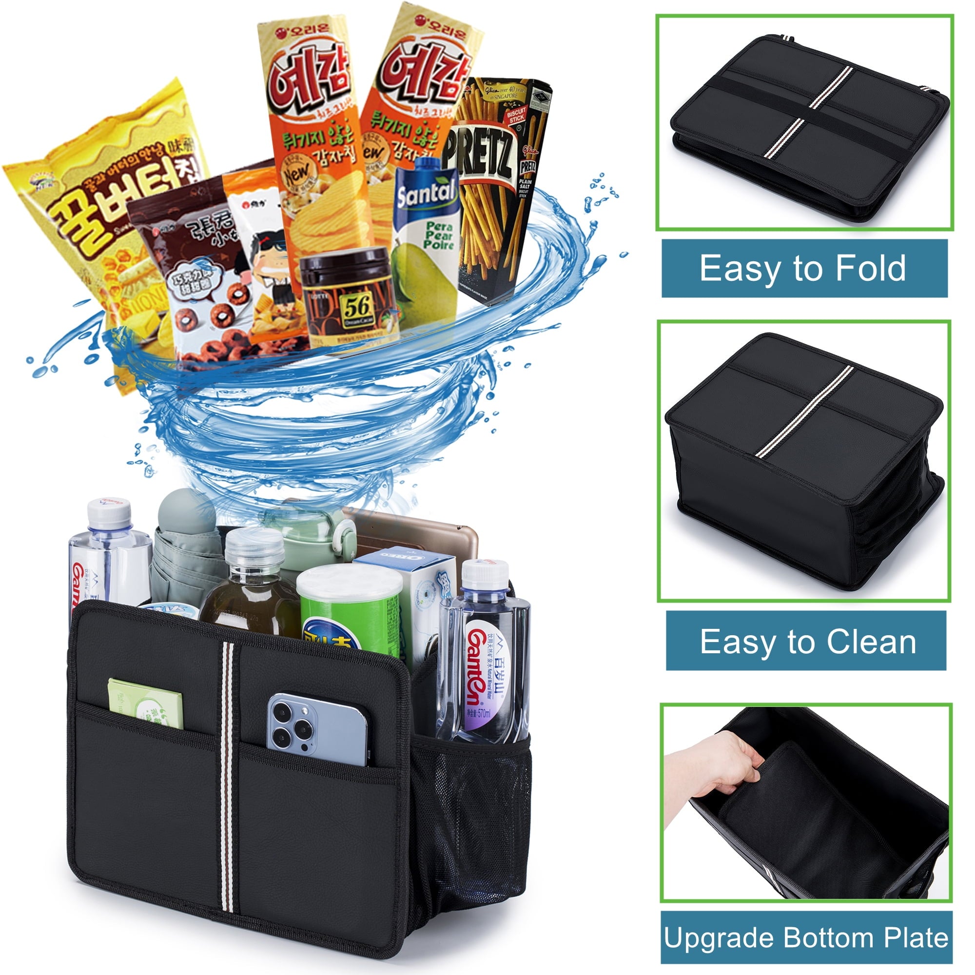 Uplien Car Seat Back Organizer and Storage, Premium PU Leather Hanging Backseat Car Organizer, Ultra-Durable Foldable - Black 11.42" x 9.85"