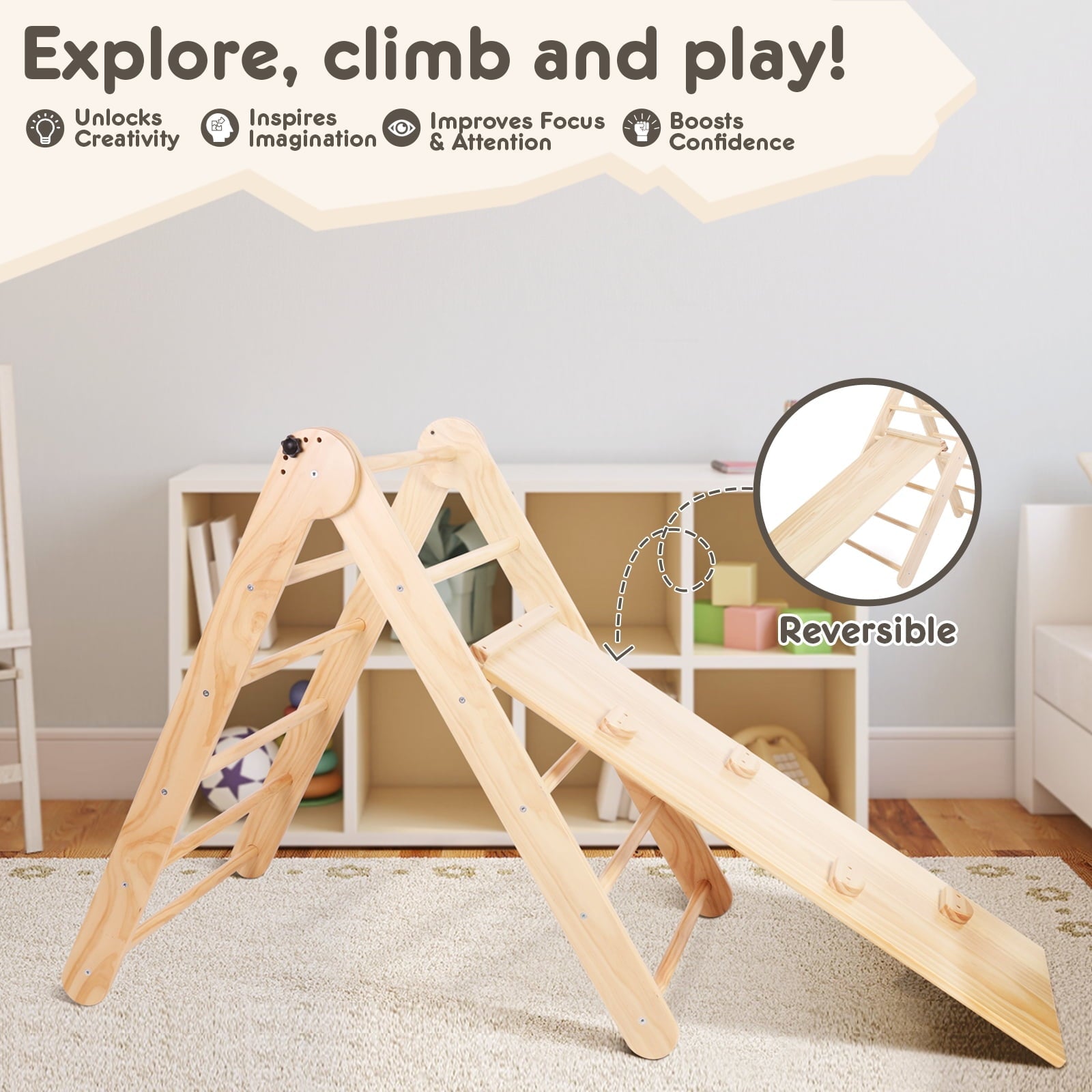 HARPPA Foldable Pikler Triangle 2-in-1 Climbing Triangle Arch with Ramp and Slide, Adjustable Angle Climbing Toys Indoor Playground Wooden Montessori Gym Set for Kids Toddlers 1-4 Years Old