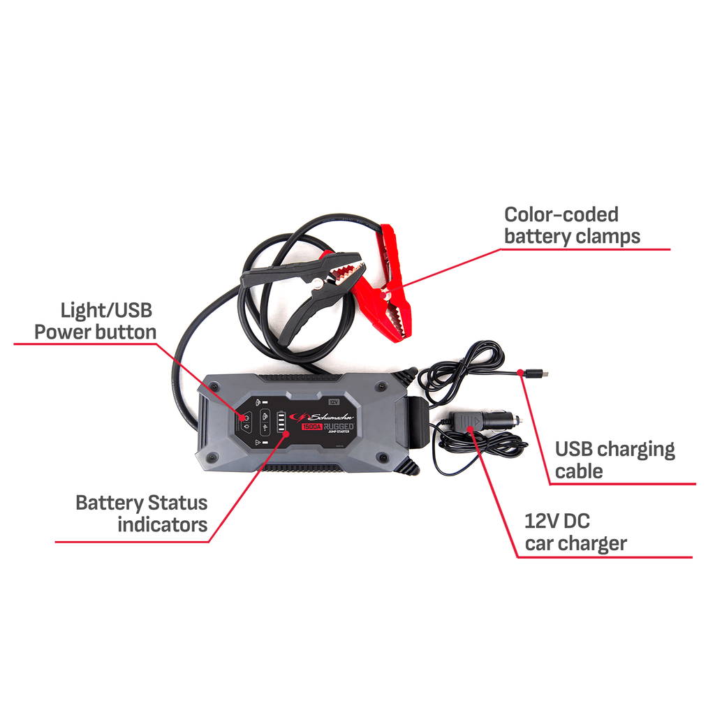 Schumacher 1500A Rugged Jump Starter and Portable Power Pack 12V DC car charger