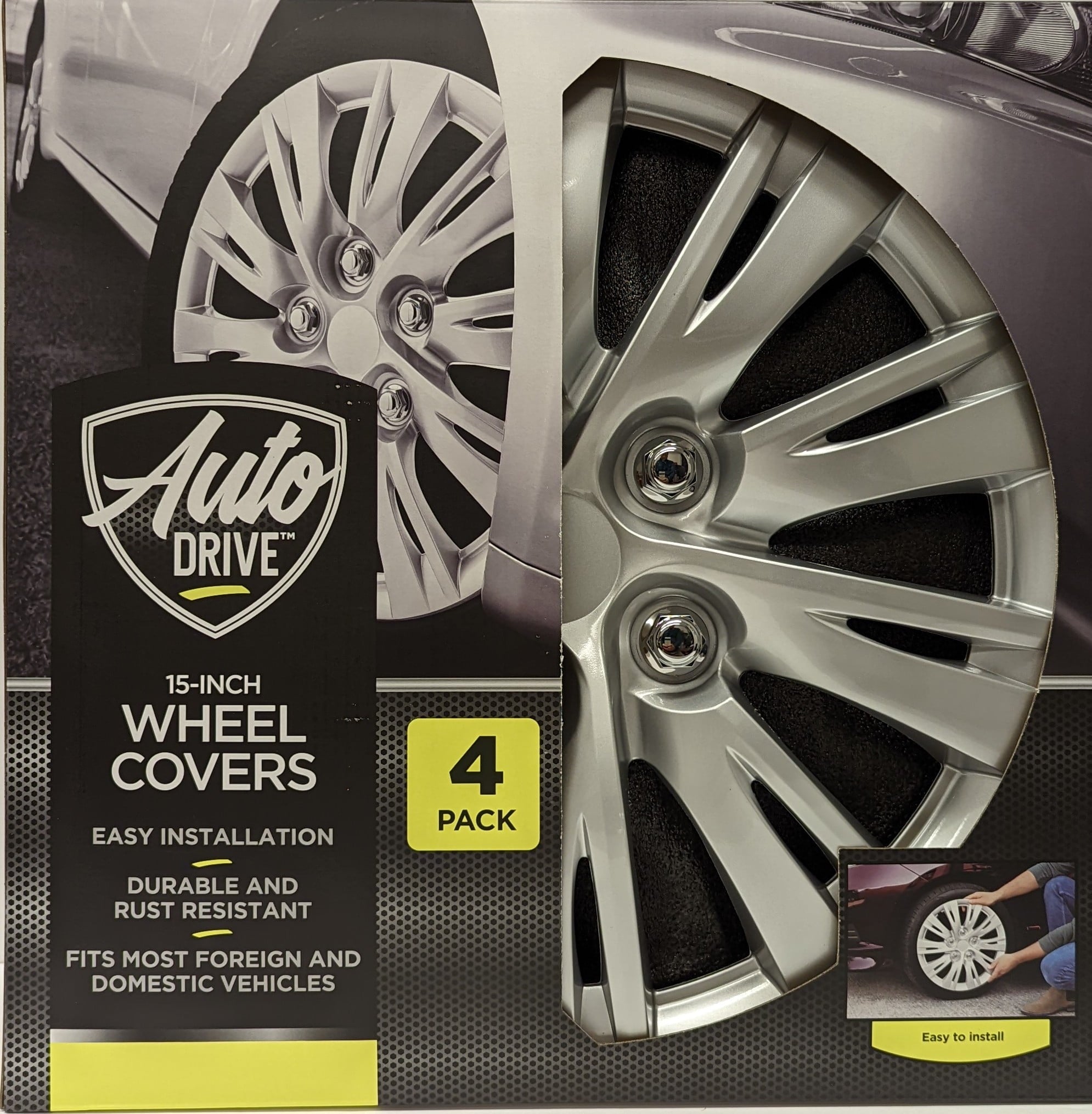 15-inch Wheel Cover, Silver Alloy Finish, Auto Drive Brand, ABS Plastic Material, Mfg Part No. KT1037-15SL