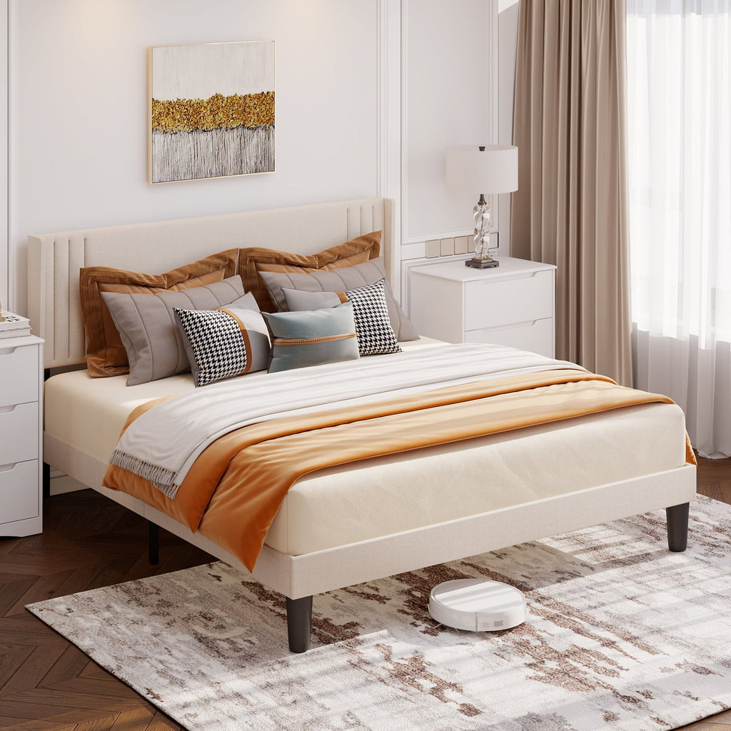 Aiho Queen Bed Frame with Wingback Headboard, Beige
