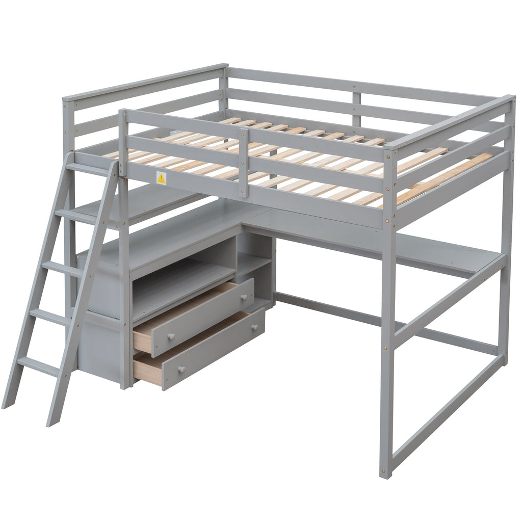 Euroco Full Size Wood Loft Bed with Desk, Shelves and Cabinets for Kids Room, Incline Ladder and 3 Drawers, Gray